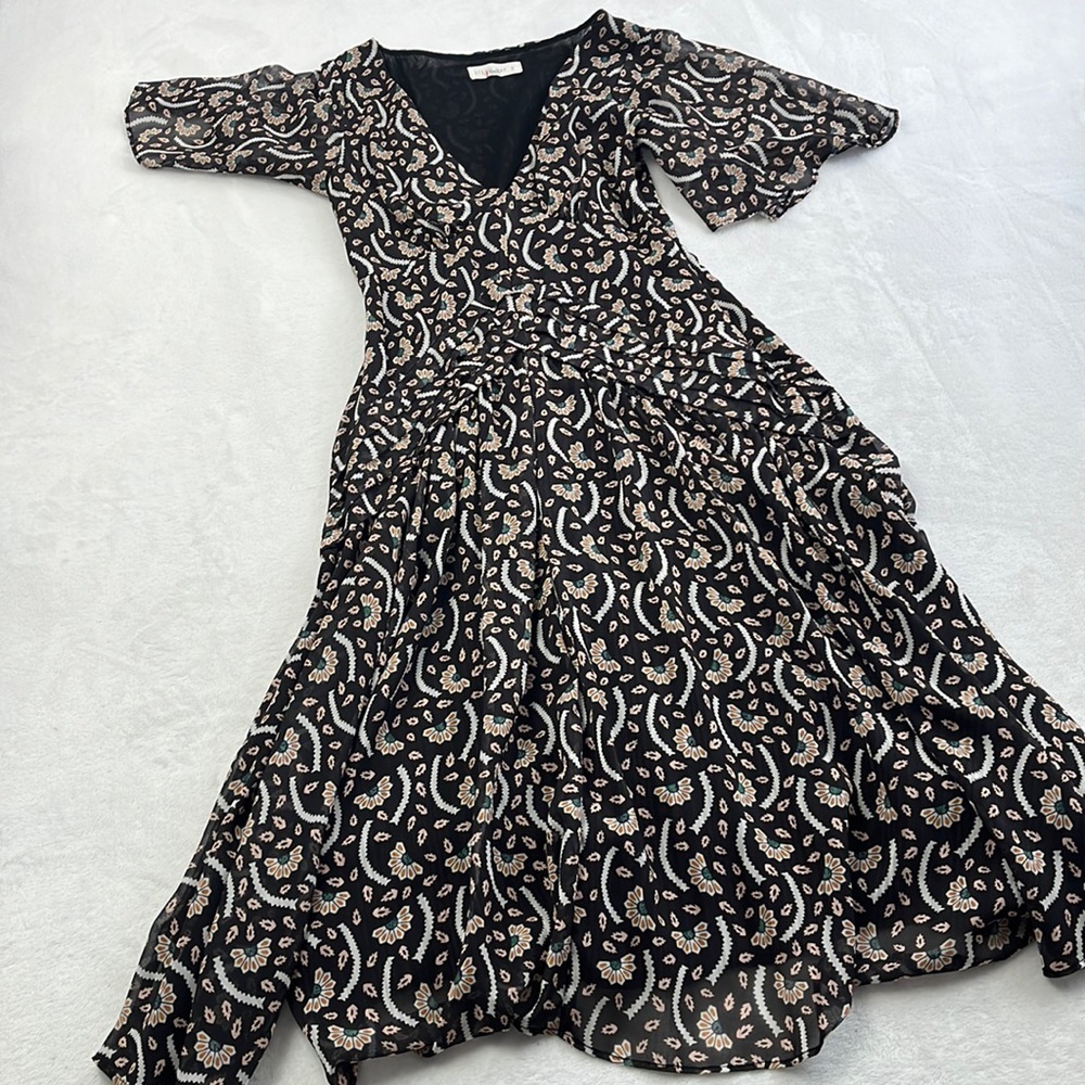 Stevie May S Anise Floral Chiffon Black Lined Short Sleeve Flowy‎ Midi Dress